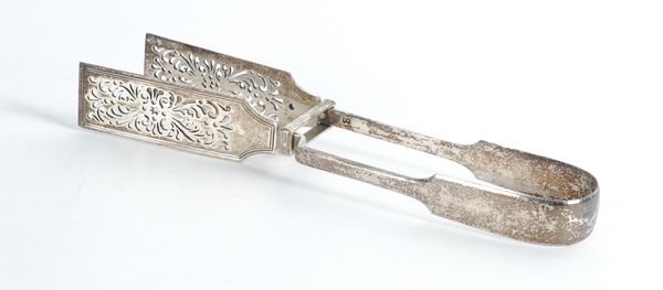 A PAIR OF WILLIAM IV SILVER FIDDLE PATTERN ASPARAGUS SERVING TONGS