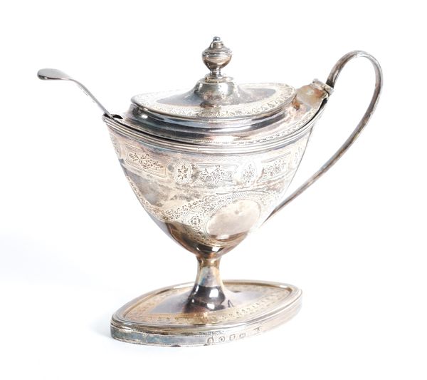 A GEORGE III SILVER MUSTARD POT AND SPOON (2)