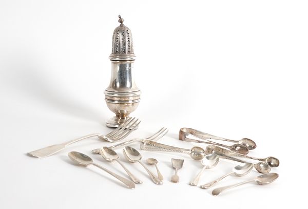 A SILVER SUGAR CASTER AND A GROUP OF TABLE FLATWARE (QTY)