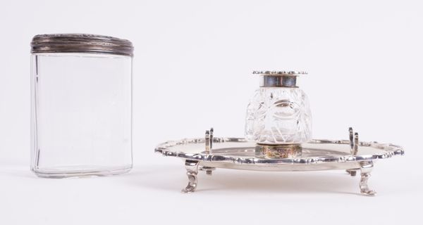 A SILVER INKSTAND AND A TOILET BOTTLE (2)