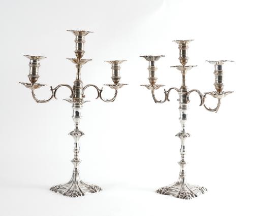 A PAIR OF SILVER TABLE CANDLESTICKS WITH ASSOCIATED SILVER THREE LIGHT CANDELABRA BRANCHES