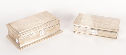 TWO SILVER RECTANGULAR TABLE CIGARETTE BOXES (2)