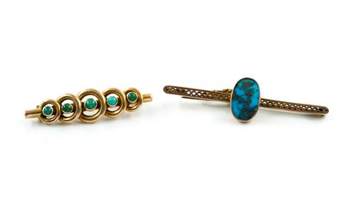 TWO GOLD AND TURQUOISE BROOCHES (2)