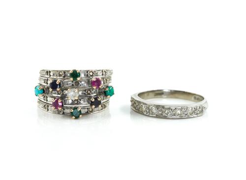 AN 18CT WHITE GOLD AND DIAMOND HALF ETERNITY RING AND ANOTHER GEM SET RING (2)
