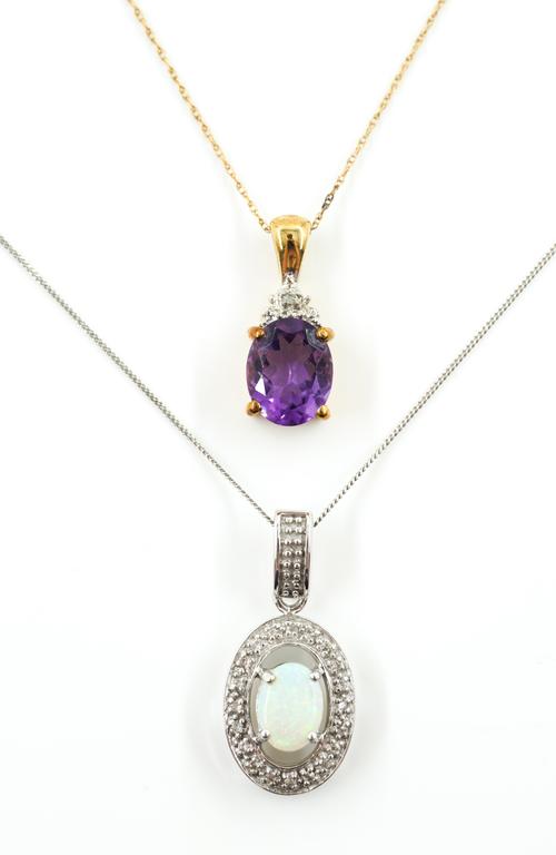 AN OPAL PENDANT AND AN AMETHYST AND DIAMOND PENDANT, WITH NECKCHAINS (4)