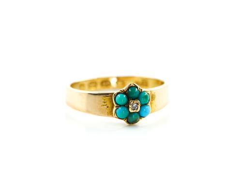 A VICTORIAN 18CT GOLD, TURQUOISE AND DIAMOND CLUSTER RING