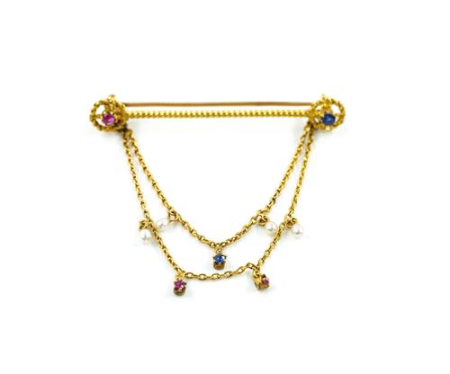 A GOLD, RUBY, SAPPHIRE AND SEED PEARL BAR BROOCH WITH PENDANT CHAINS
