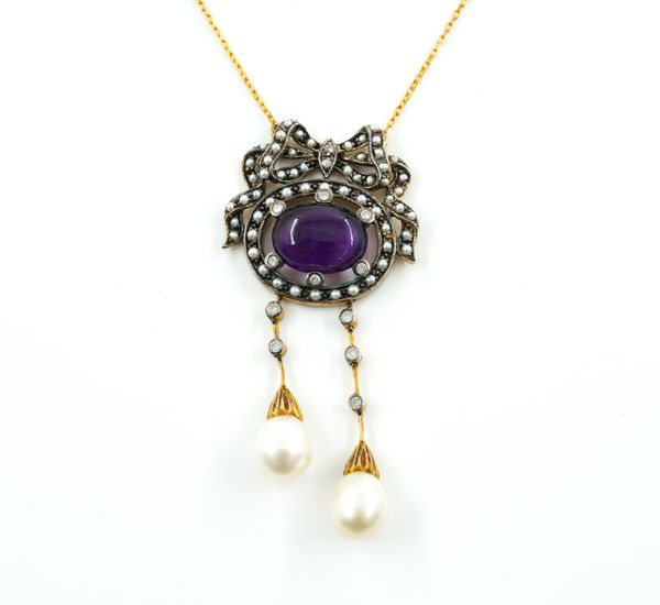 A SILVER GILT, AMETHYST, SEED PEARL AND DIAMOND PENDANT
