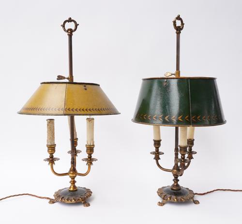 A MATCHED PAIR OF FRENCH GILT AND LACQUERED THREE LIGHT BOUILOTTE TABLE LAMPS (2)
