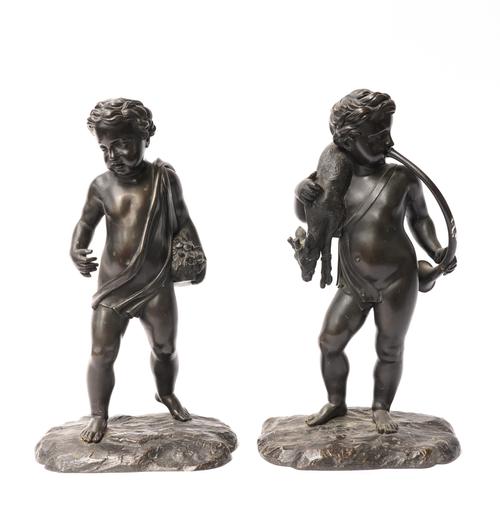 A PAIR OF FRENCH BRONZE CHERUB FIGURES POSSIBLY PERSONIFICATIONS OF WINTER AND SUMMER (2)