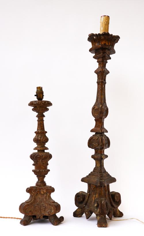 TWO GILT-WOOD ITALIAN 18TH CENTURY STYLE PRICKET CANDLESTICKS (2)