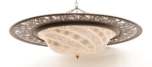 FORTUNY, ITALY: A DECORATED OPAQUE GLASS AND METAL MOUNTED ‘SCUDO SARACENO’ HANGING LIGHT
