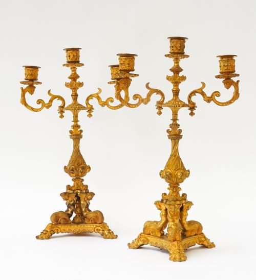 A PAIR OF FRENCH NAPOLEON III ORMOLU THREE LIGHT CANDELABRA (2)