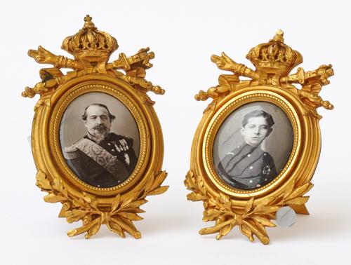 OF NAPOLEONIC INTEREST: A PAIR OF FRENCH ORMOLU MOUNTED PHOTOGRAPHIC PORTRAIT MINIATURES OF NAPOLEON III AND THE PRINCE IMPERIAL (2)
