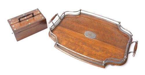 A REGENCY ROSEWOOD AND MOTHER-OF-PEARL INLAID WRITING BOX TOGETHER WITH AN OAK TWIN HANDLED TRAY (2)