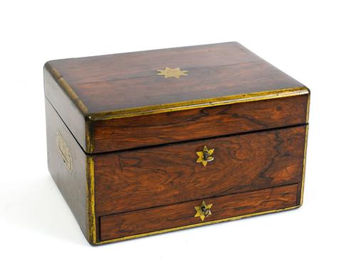 G LAWRENCE, 9 NEW BOND STREET; A MID 19TH CENTURY LACQUERED BRASS BOUND ROSEWOOD TRAVELLING TOILET BOX