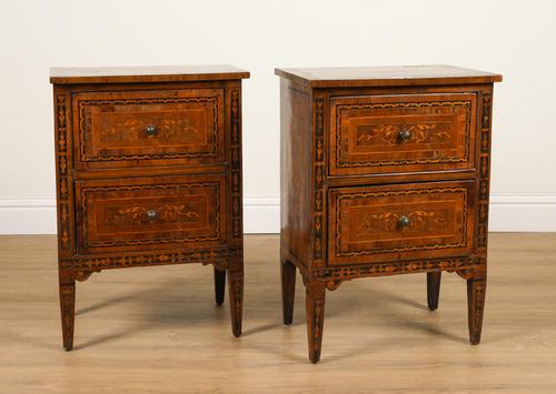 A PAIR OF 18TH CENTURY ITALIAN WALNUT MARQUETRY INLAID TWO DRAWER CABINETS (2)
