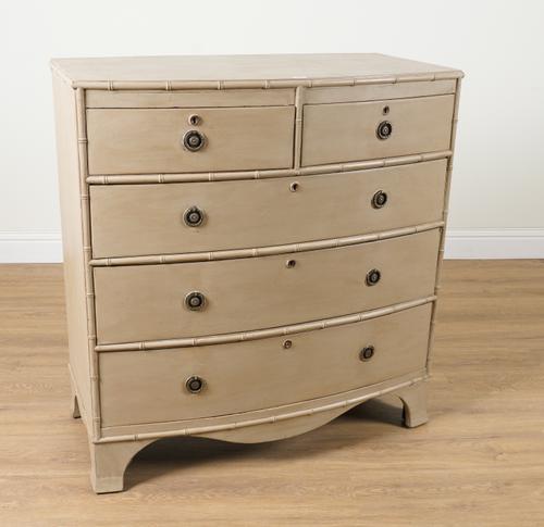 A 19TH CENTURY LATER PAINTED BOWFRONT FIVE DRAWER CHEST