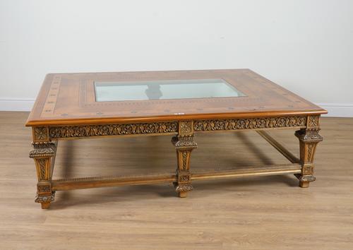 PROVASI: A LARGE MARQUETRY AND GLASS INLAID RECTANGULAR COFFEE TABLE