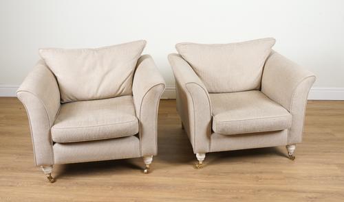 A PAIR OF MODERN SQUARE BACK ARMCHAIRS
