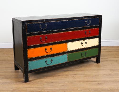 KARE DESIGN: A BLACK LACQUER AND MULTI POLYCHROME PAINTED SIX DRAWER SIDE CABINET
