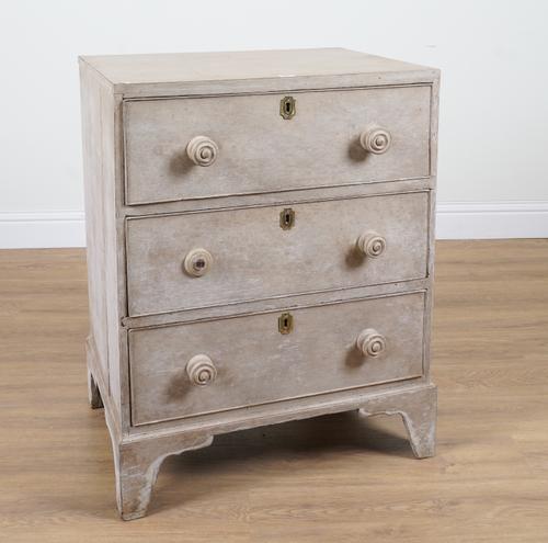 A GEORGE III LATER DISTRESSED POLYCHROME PAINTED THREE DRAWER CHEST