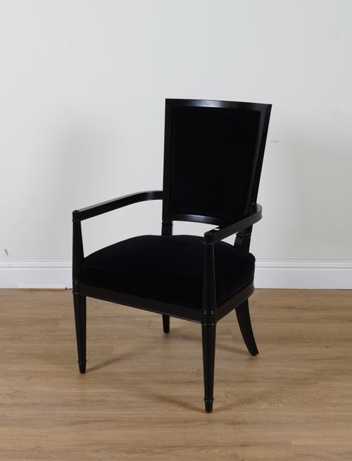 A BLACK HARDWOOD OPEN ARMCHAIR