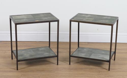 DAVID LINLEY; A PAIR OF SHAGREEN AND BRONZE TWO TIER BEDSIDE TABLES (2)
