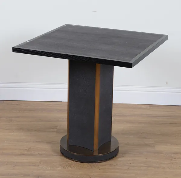 A BLACK PAINTED ASH FAUX SHAGREEN BRASS MOUNTED  SQUARE CENTRE TABLE