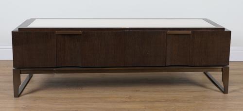 A FAUX ROSEWOOD LACQUERED T.V STAND WITH LEATHER INSET TOP