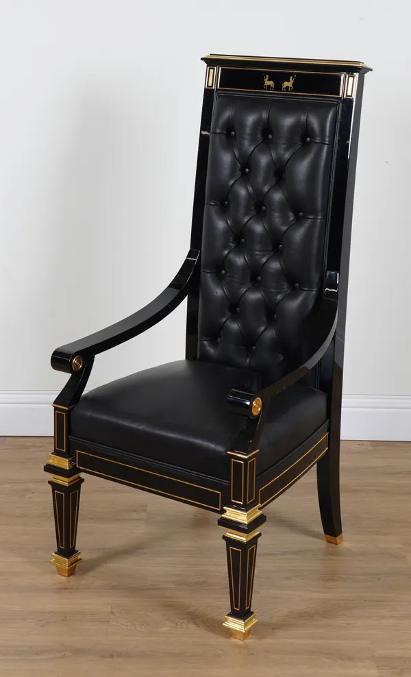 ‘DAVID LINLEY’ A BLACK LACQUER LEATHER BUTTON UPHOLSTERED TALL DESK CHAIR