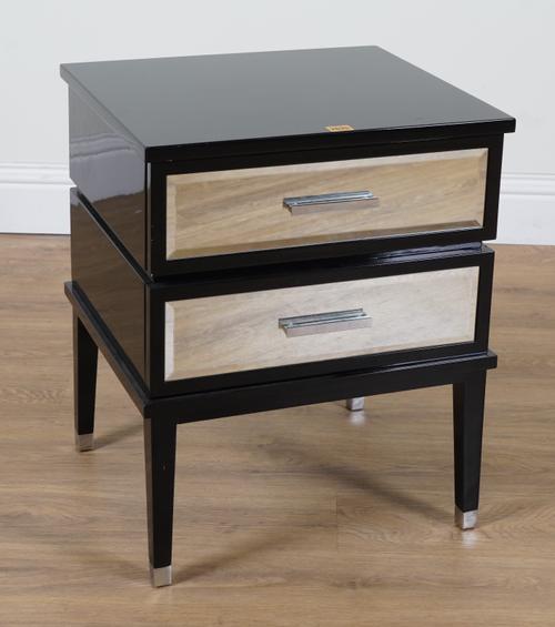 A MODERN BLACK LACQUER TWO DRAWER LOW SIDE CHEST