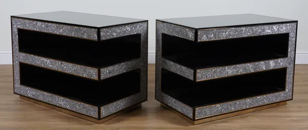 A PAIR OF BLACK LACQUER AND CRUSH DIAMOND EFFECT THREE TIER SIDE TABLES (2)