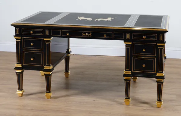 ‘DAVID LINLEY’ A BLACK LACQUER AND BRASS MOUNTED PEDESTAL DESK