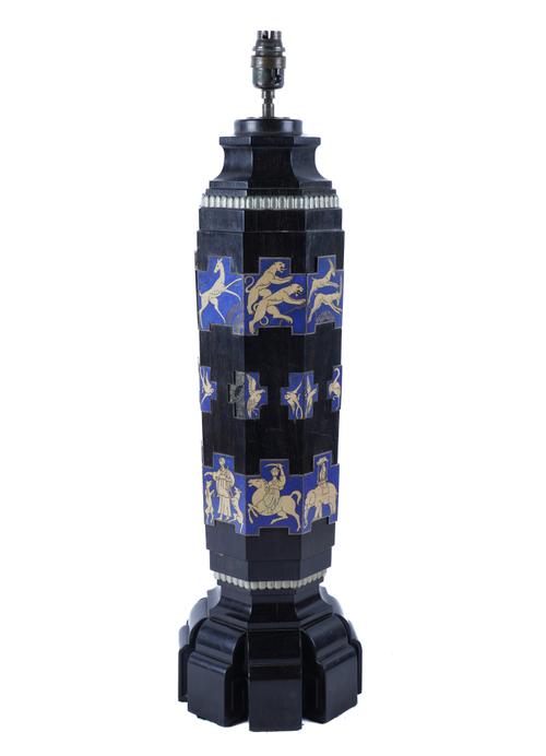 DESIGNED BY C.A. LLEWELYN ROBERTS: AN ART DECO CHAMPLEVE ENAMEL MOUNTED EBONY TABLE LAMP