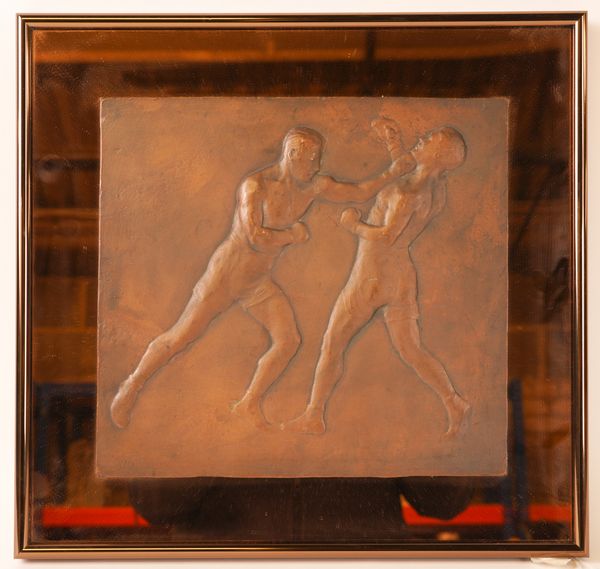 A LOW RELIEF CAST BRONZE PANEL OF TWO BOXERS