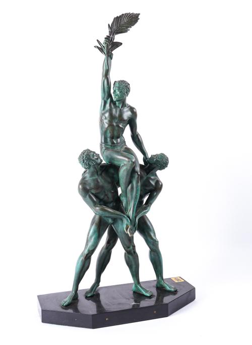 PIERRE LE FAGUAYS (1892-1962); AN ART DECO FRENCH METAL FIGURAL GROUP KNOWN AS ‘TROPHÉE’