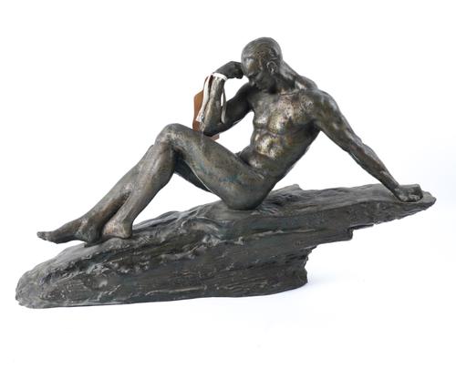 PIERRE LE FAGUAYS (1892-1962); AN ART DECO FRENCH BRONZE OF A MALE ATHLETE OR A THINKER