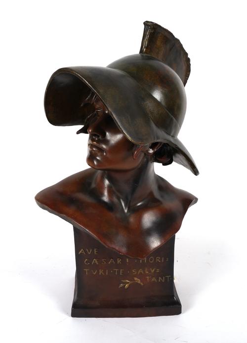 AN AUSTRIAN COLD PAINTED TERRACOTTA BUST OF A GLADIATOR