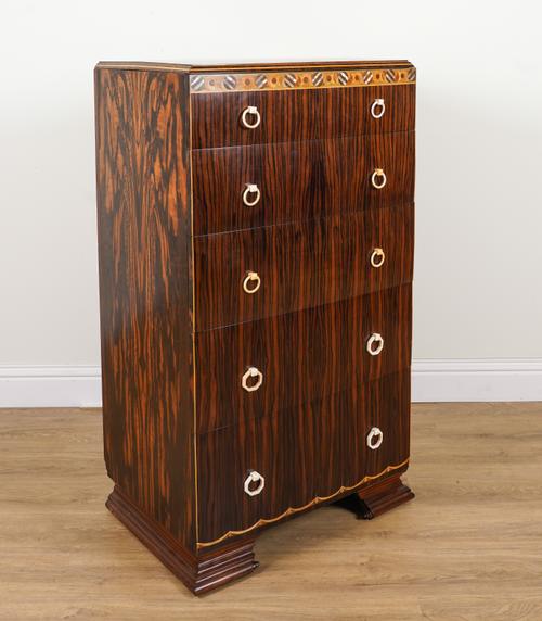 AN ART DECO COROMANDEL FIVE DRAWER CHEST