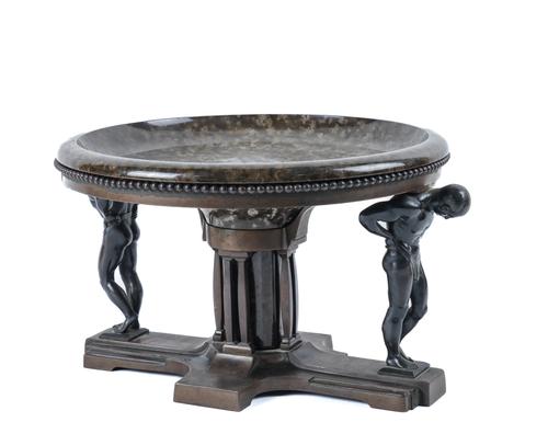 AN ART DECO PATINATED BRONZE AND MARBLE TAZZA