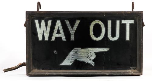 A MID 20TH CENTURY THEATRE LIGHT UP SIGN BOX 'WAY OUT'