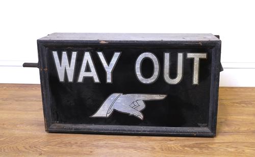 A MID 20TH CENTURY THEATRE LIGHT UP SIGN BOX ‘WAY OUT'