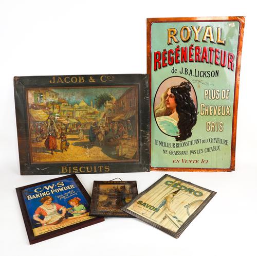 A GROUP OF FIVE EARLY 20TH CENTURY TIN ADVERTISING SIGNS (5)