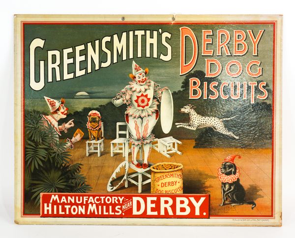 GREENSMITH’S DERBY DOG BISCUITS, AN EARLY 20TH CENTURY ADVERT ON CARD, DEPICTING DOGS AND CLOWNS