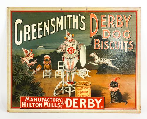 GREENSMITH’S DERBY DOG BISCUITS, AN EARLY 20TH CENTURY ADVERT ON CARD, DEPICTING DOGS AND CLOWNS