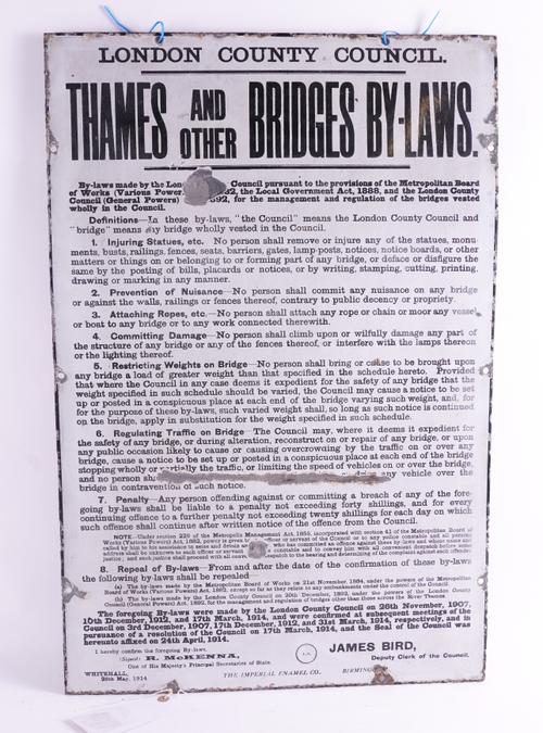 LONDON COUNTY COUNCIL THAMES AND OTHER BRIDGES BY-LAWS, AN ENAMEL SIGN