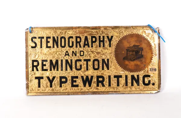 A LATE 19TH CENTURY GLASS SIGN “STENOGRAPHY AND REMMINGTON TYPEWRITING"