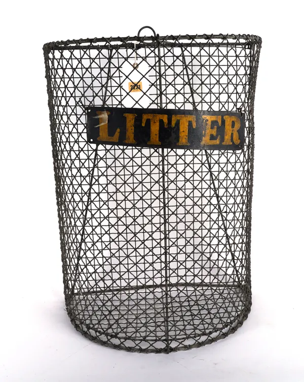 A MID 20TH CENTURY WIREWORK SEMI CIRCULAR LITTER BASKET, WITH APPLIED METAL LITTER SIGN.