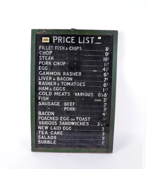 A MID 20TH CENTURY CAFE MENU BOARD PRICE LIST, FRAMED